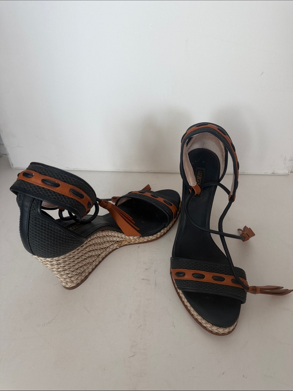Black and Tan Wedge Sandals with Ankle Tie